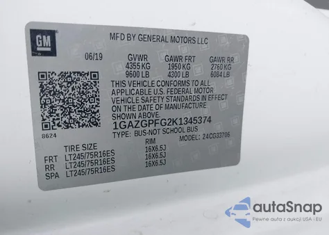 2019 Chevrolet Express 3500 Lt z USA, uszkodzony, nr VIN 1GAZGPFG2K1345374